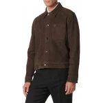 Buttoned Front Brown Suede Leather Jacket