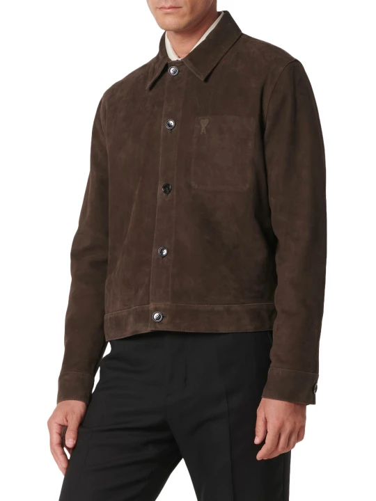 Buttoned Front Brown Suede Leather Jacket