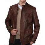 Buttoned Pocket Detailing Brown Leather Jacket