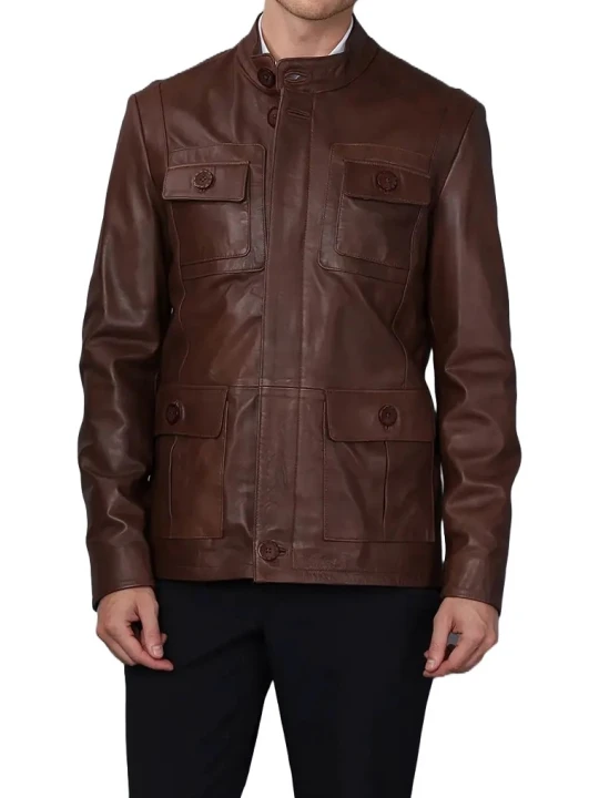 Buttoned Pocket Detailing Brown Leather Jacket