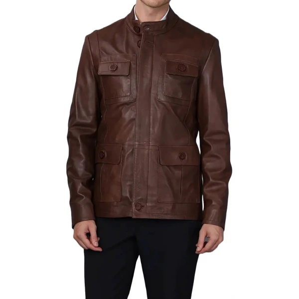 Buttoned Pocket Detailing Brown Leather Jacket