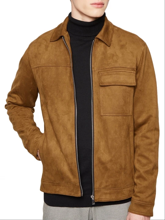 Flap Pocket Camel Suede Leather Jacket