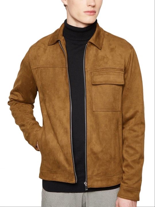 Flap Pocket Camel Suede Leather Jacket