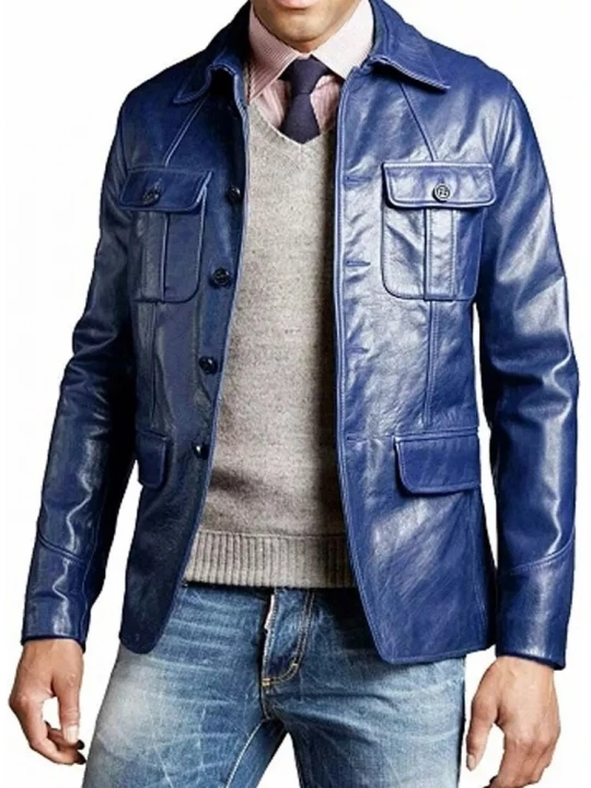 Four Pockets Blue Leather Jacket
