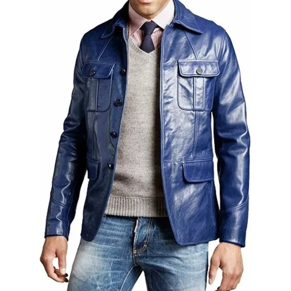 Four Pockets Blue Leather Jacket