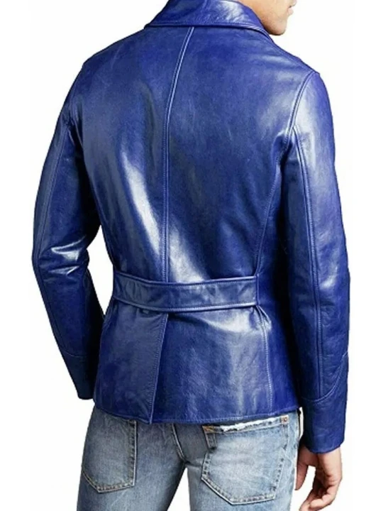 Four Pockets Blue Leather Jacket