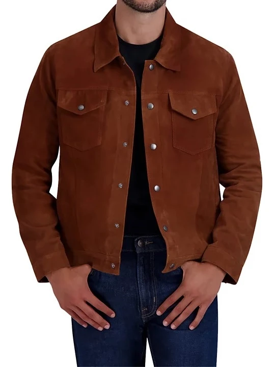 Front Snap Closure Camel Suede Leather Tucker Jacket