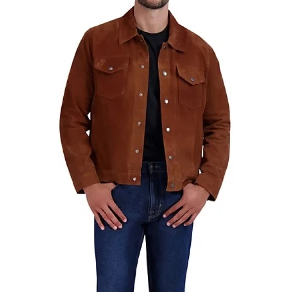 Front Snap Closure Camel Suede Leather Tucker Jacket