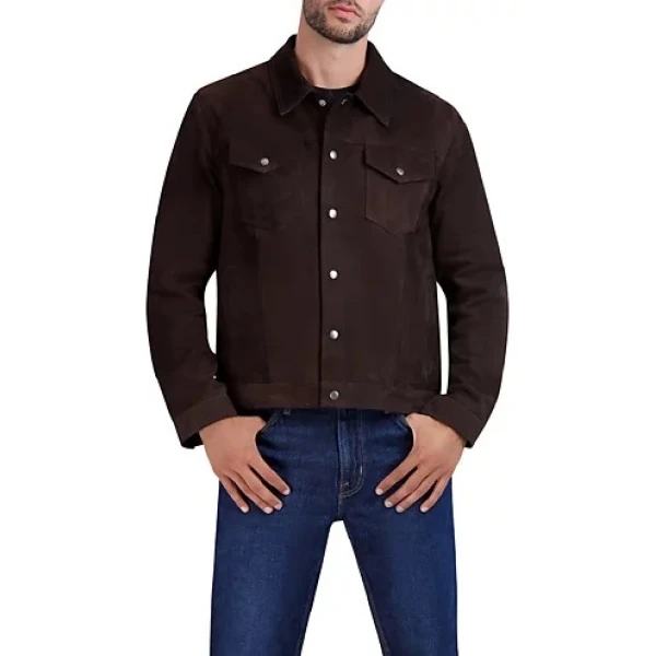 Front Snap Closure Dark Brown Suede Leather Tucker Jacket
