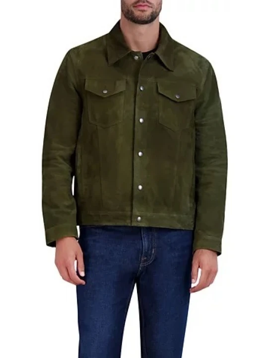 Front Snap Closure Green Suede Leather Tucker Jacket
