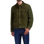 Front Snap Closure Green Suede Leather Tucker Jacket