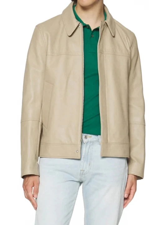 Hidden Zipper Beige Leather Jacket