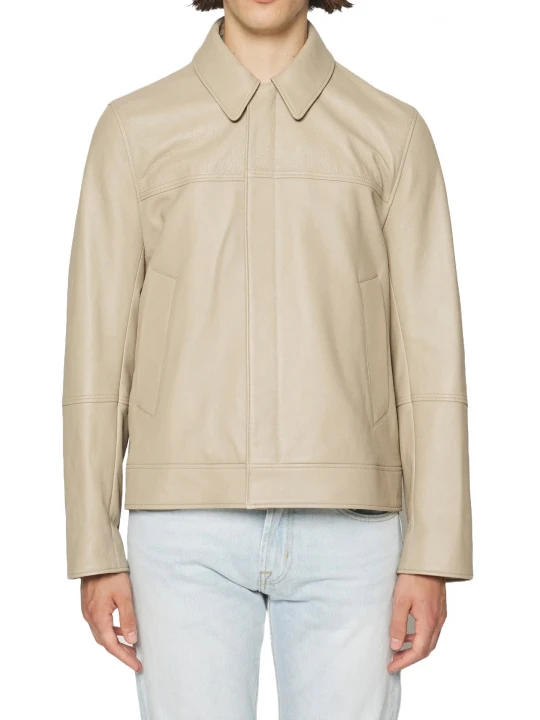 Hidden Zipper Beige Leather Jacket