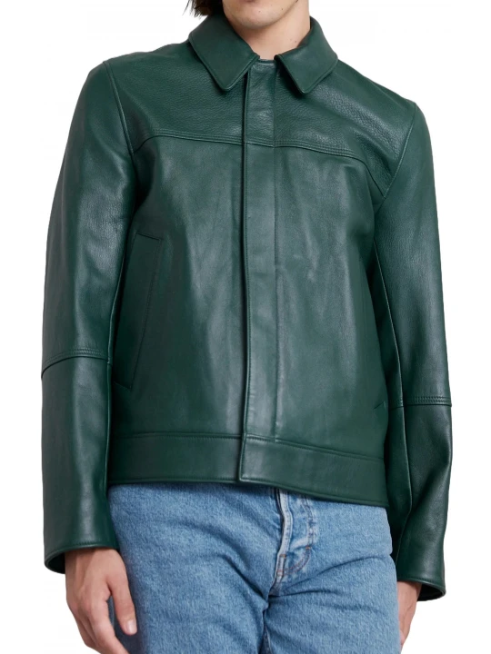 Hidden Zipper Green Leather Jacket