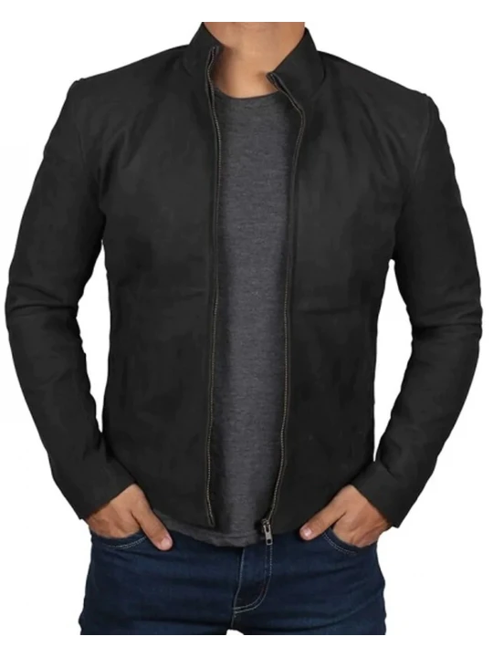 High Collar Black Suede Leather Jacket