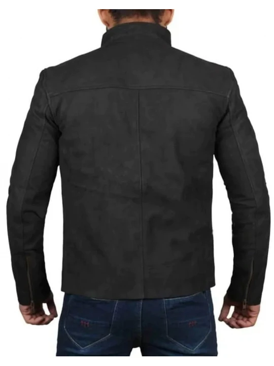 High Collar Black Suede Leather Jacket