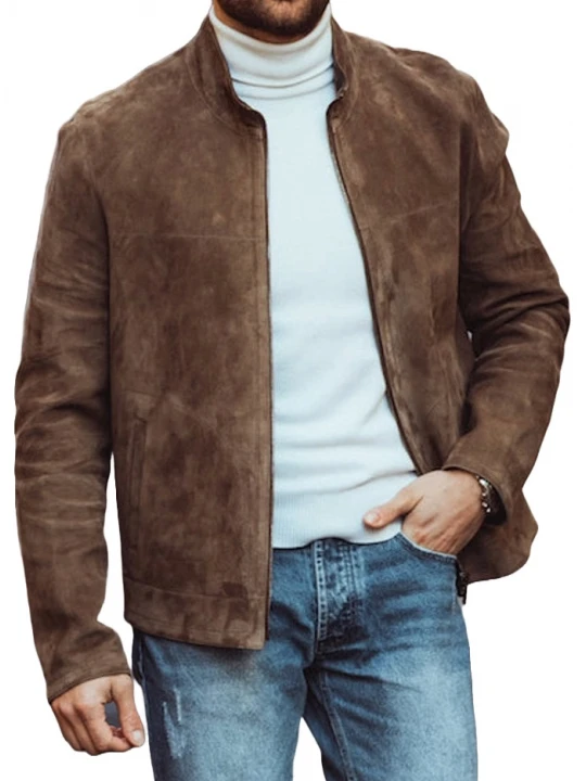 High Collar Brown Suede Leather Jacket