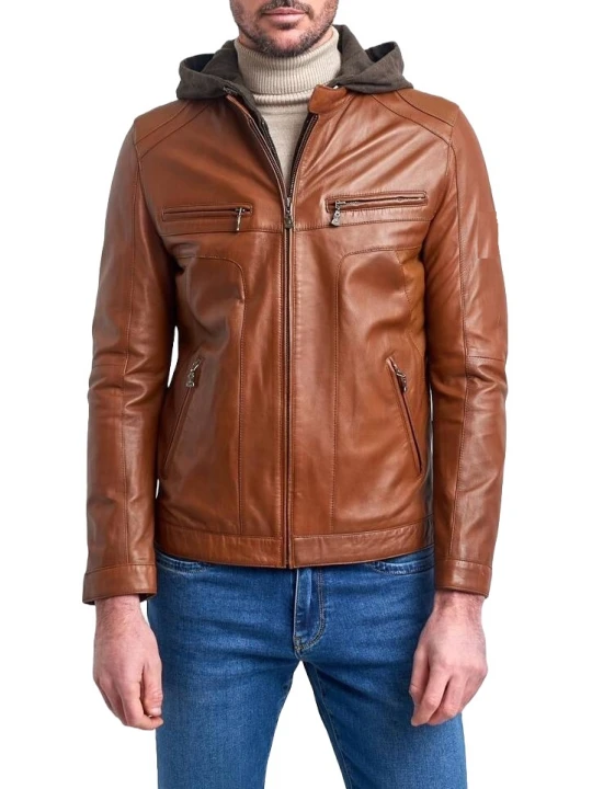 Hooded Brown Leather Jacket