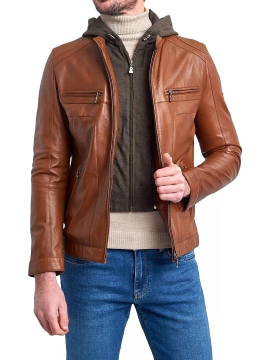 Hooded Brown Leather Jacket
