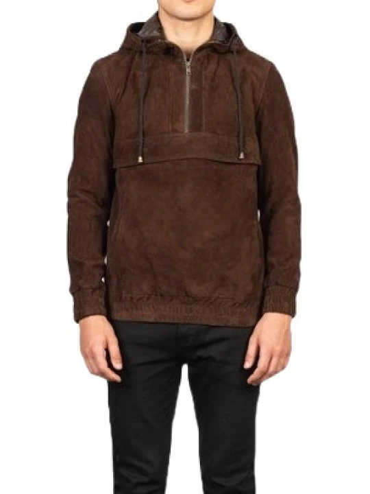 Hooded Brown Suede Leather Pullover Jacket