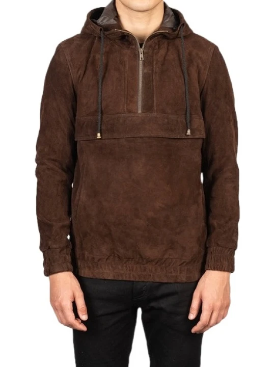 Hooded Brown Suede Leather Pullover Jacket