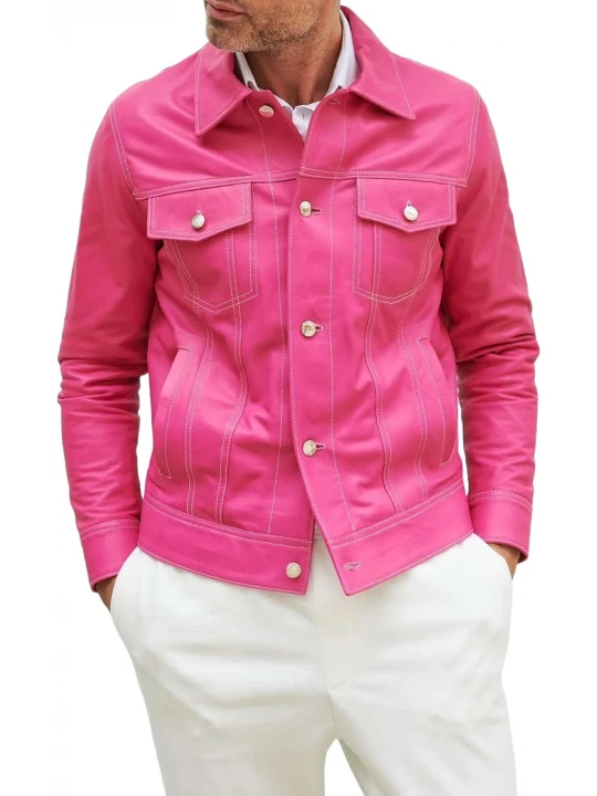 Pink Leather Trucker Jacket