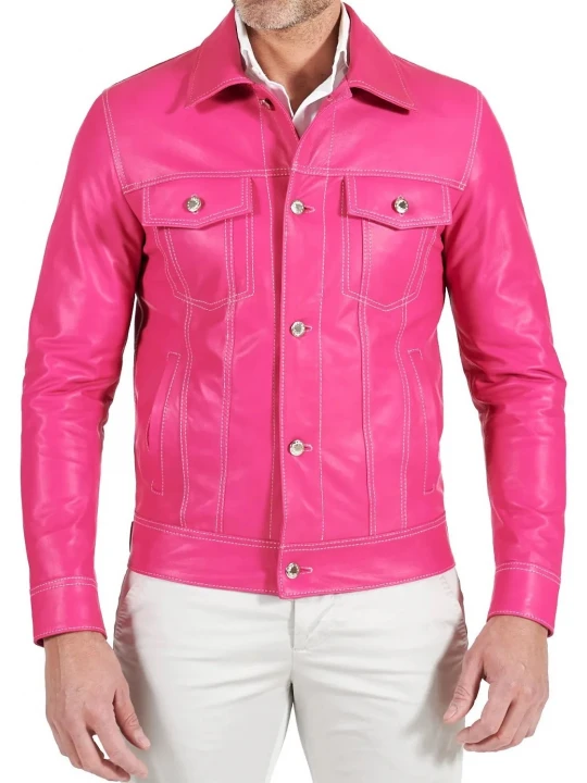 Pink Leather Trucker Jacket