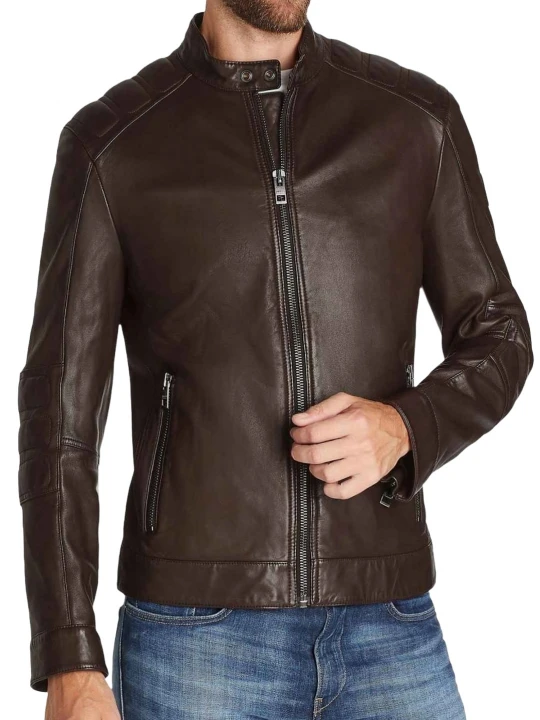 Quilted Detailing Brown Leather Jacket