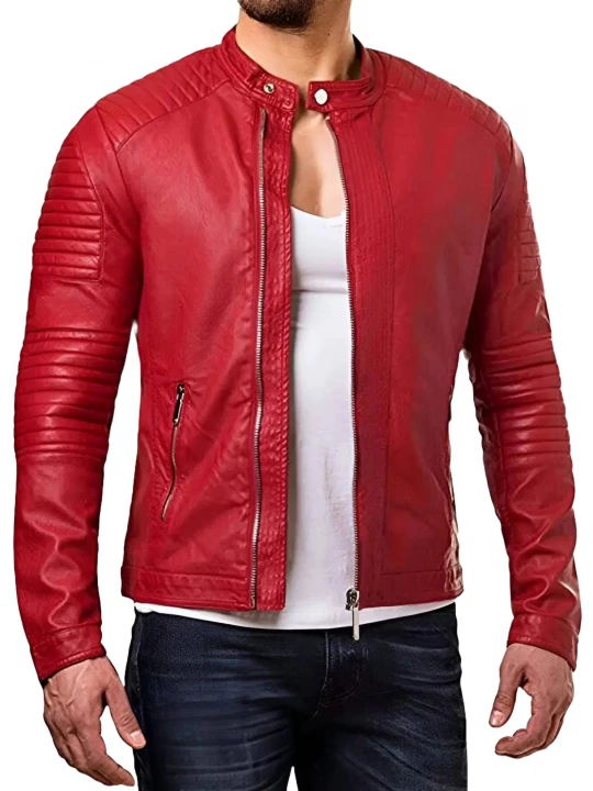 Quilted Detailing Red Leather Jacket