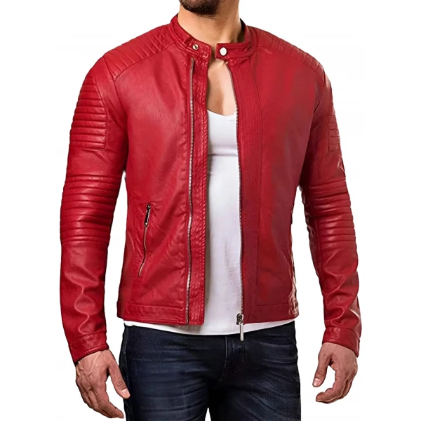 Quilted Detailing Red Leather Jacket