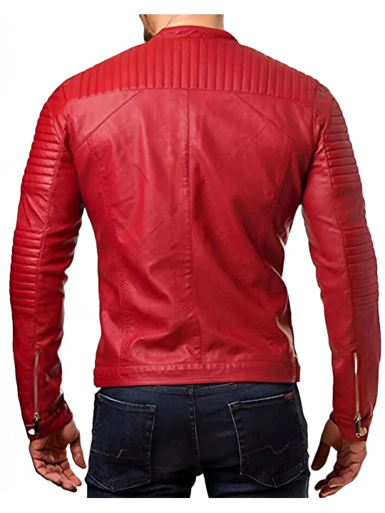 Quilted Detailing Red Leather Jacket