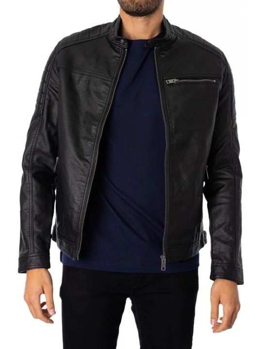 Quilted Shoulder Black Leather Jacket