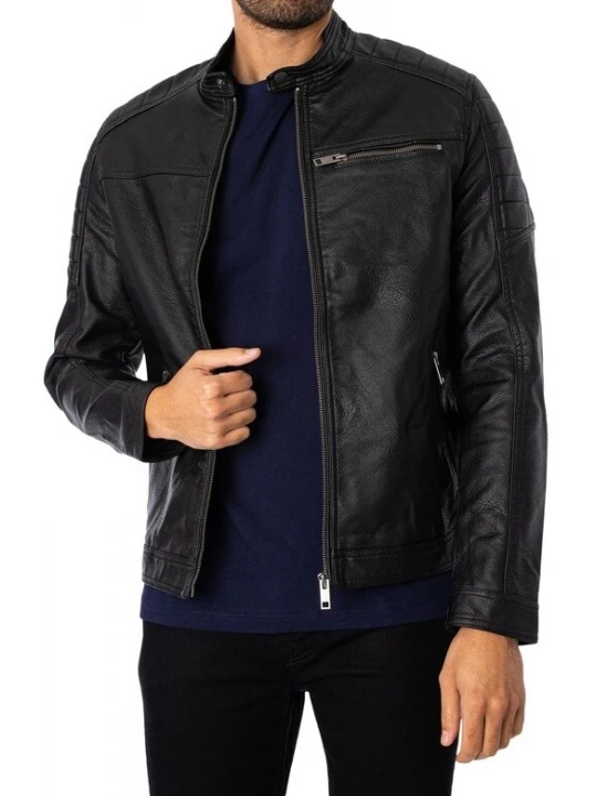 Quilted Shoulder Black Leather Jacket