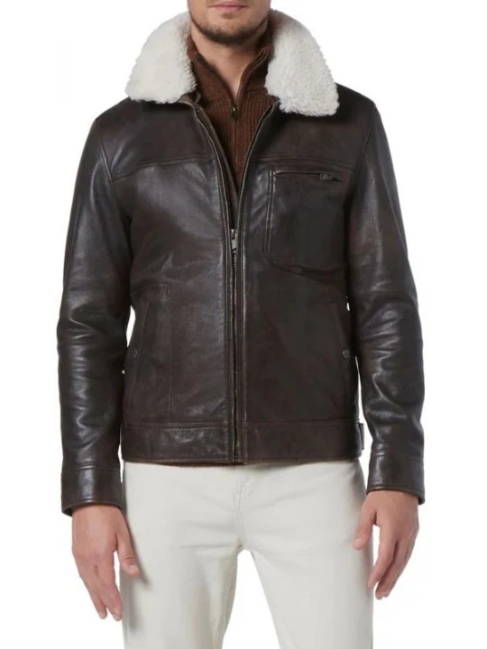 Removable Fur Collar Brown Leather Jacket