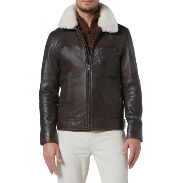 Removable Fur Collar Brown Leather Jacket