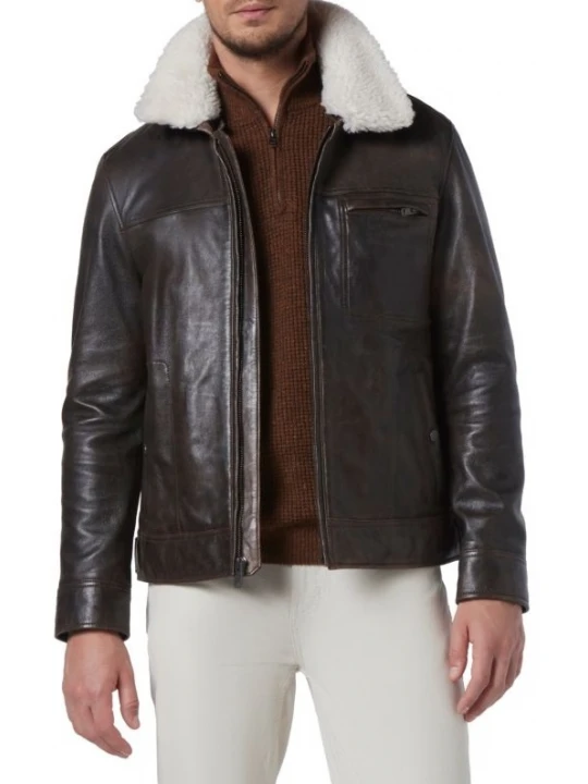 Removable Fur Collar Brown Leather Jacket