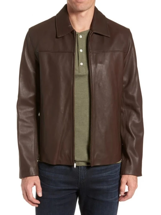 Shirt Collar Brown Leather Jacket