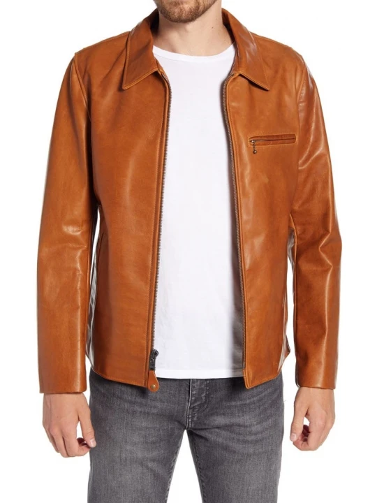 Shirt Collar Camel Leather Jacket