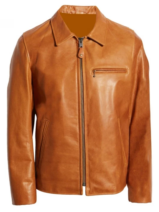 Shirt Collar Camel Leather Jacket