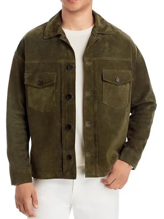 Shirt Collar Green Suede Leather Jacket