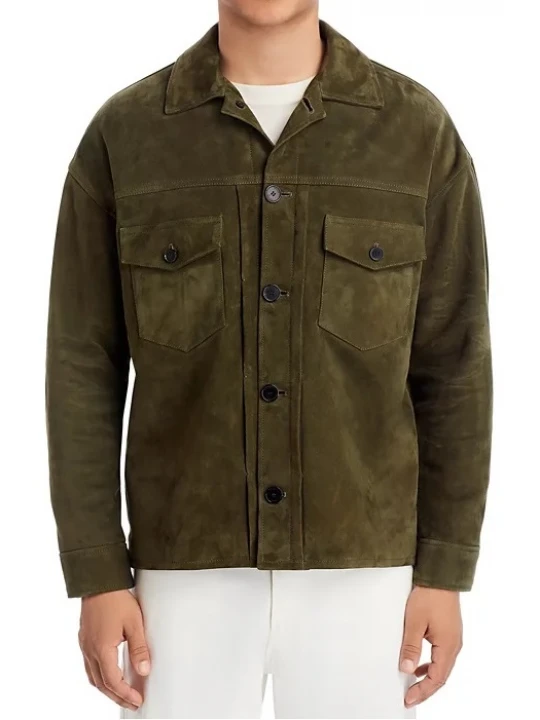 Shirt Collar Green Suede Leather Jacket