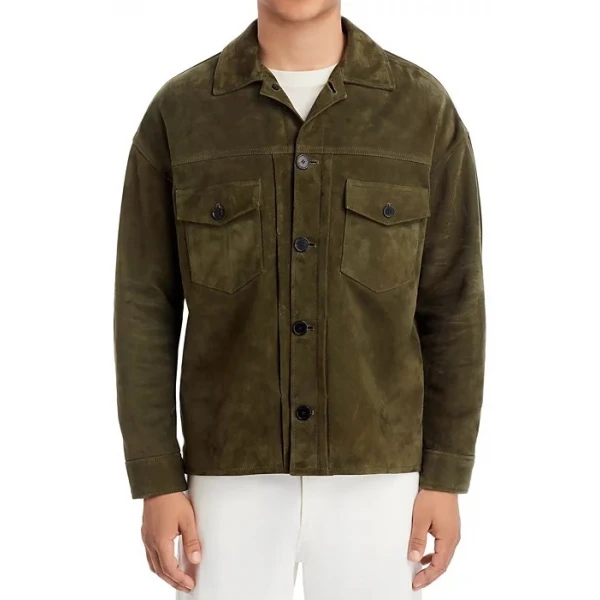 Shirt Collar Green Suede Leather Jacket