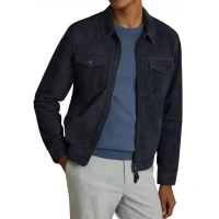 Shirt Collar Navy Blue Suede Leather Jacket