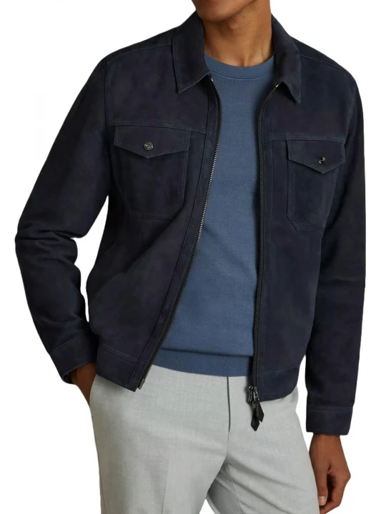 Shirt Collar Navy Blue Suede Leather Jacket