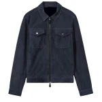 Shirt Collar Navy Blue Suede Leather Jacket
