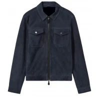 Shirt Collar Navy Blue Suede Leather Jacket