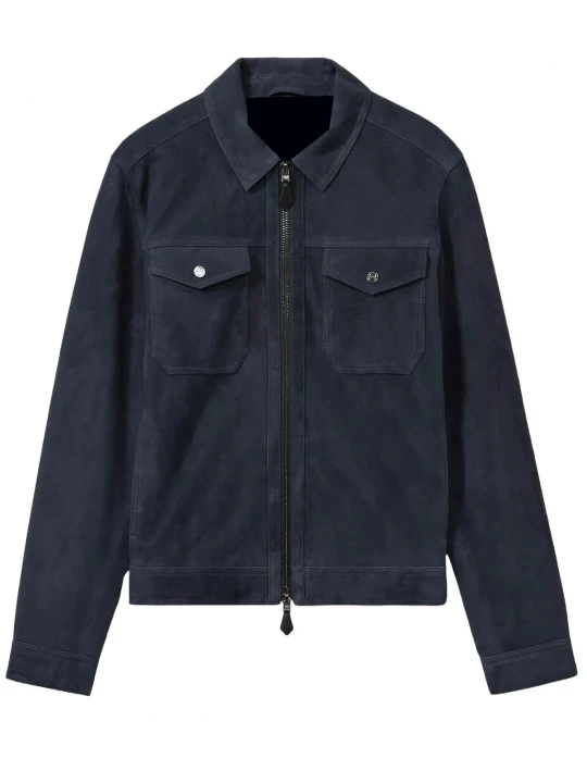 Shirt Collar Navy Blue Suede Leather Jacket
