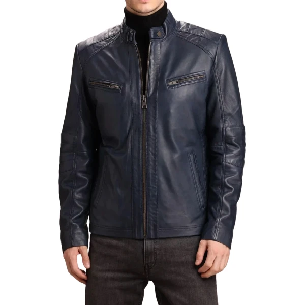 Side Belt Detailing Navy Blue Leather Jacket