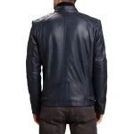 Side Belt Detailing Navy Blue Leather Jacket