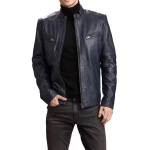 Side Belt Detailing Navy Blue Leather Jacket